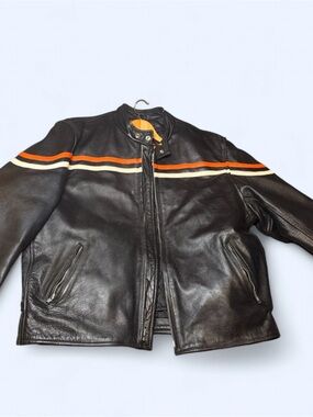 Interstate leather Men's Black Leather Zipper Jacket with Orange & Cream Stripes